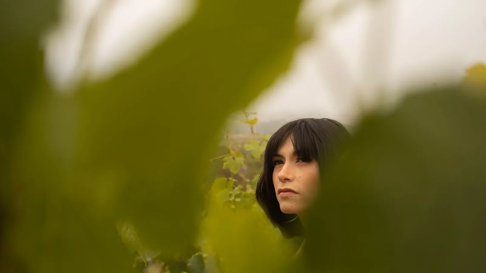Portrait of a woman partially obscured by leaves in a vineyard, showcasing natural beauty