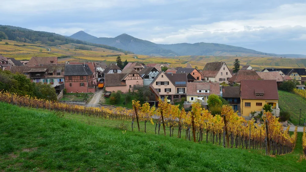 Quaint European village nestled in vineyards with a mountain backdrop, perfect for travel enthusiasts