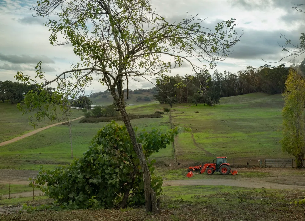 Red tractor amidst lush green fields and trees under a cloudy sky