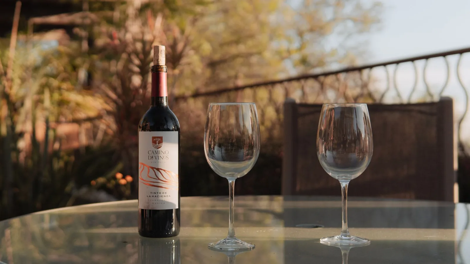 Red wine bottle and empty glasses on a glass table outdoors, inviting setting
