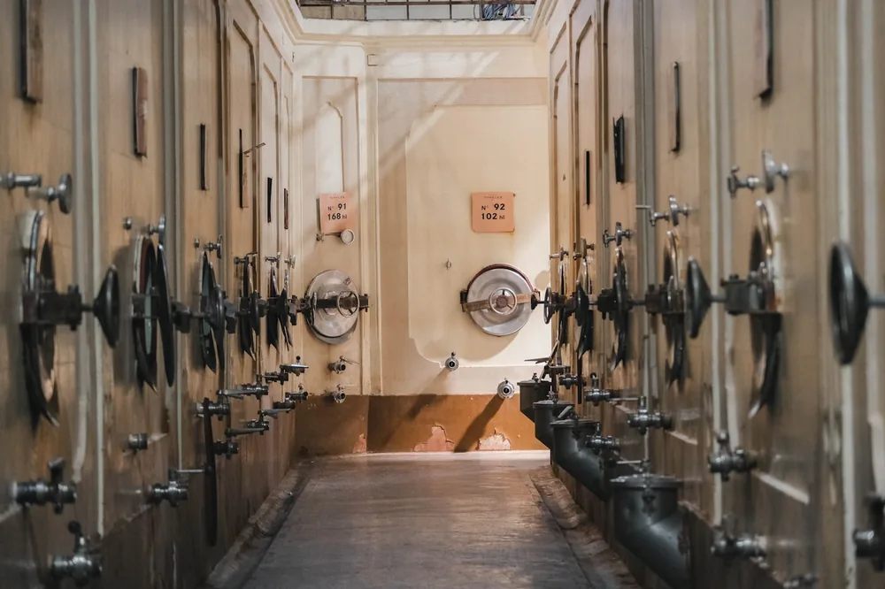 Rows of large fermentation tanks in a winery