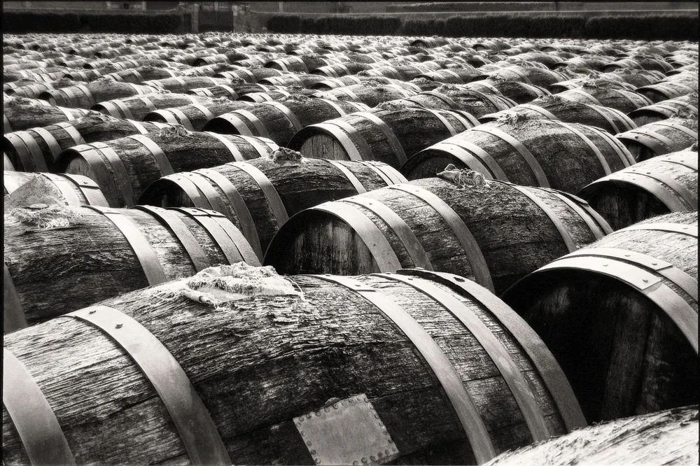 Rows of wooden barrels in an outdoor wine storage yard captured in black and white