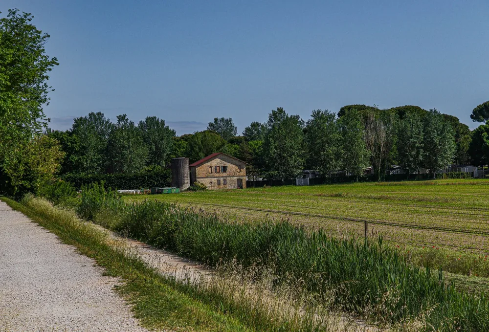 Rural farmhouse surrounded by lush fields and trees, under clear blue skies