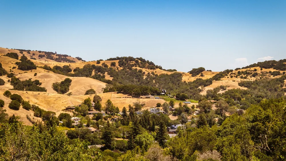 Rural landscape featuring golden hills and lush greenery under a clear sky