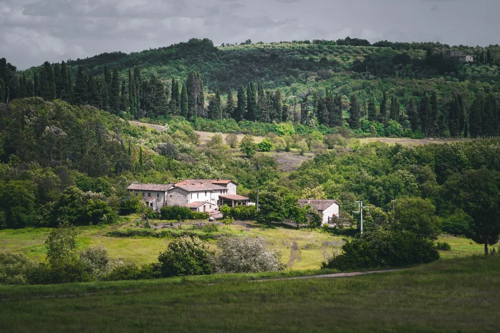 Rural landscape with lush hills, trees, and traditional houses under a cloudy sky