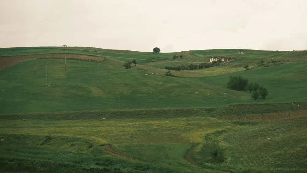 Rural scene of lush green hills with a distant farm under an overcast sky