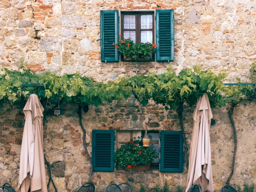 Rustic stone wall with green shutters, vines, and floral accents for a facade