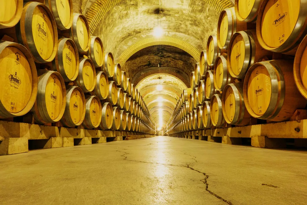 Rustic wine barrels stacked in a dimly lit winery cellar showcasing the aging process