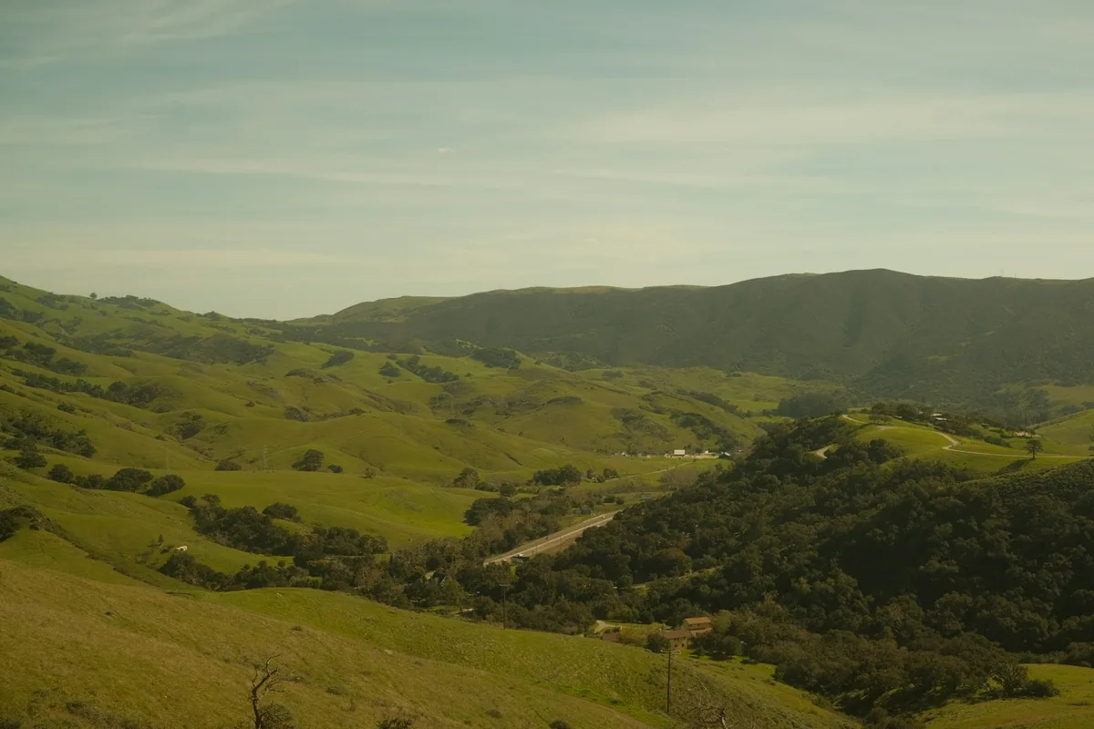 A lush green hillside with a river running through it