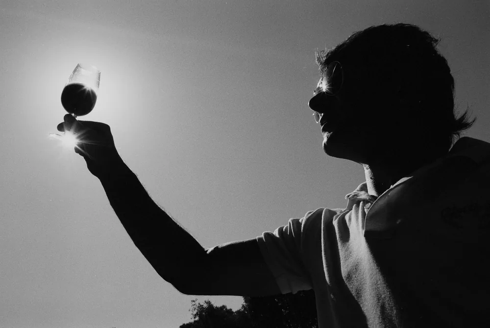 Silhouette of a person holding a wine glass against bright sunlight, creating a dramatic effect