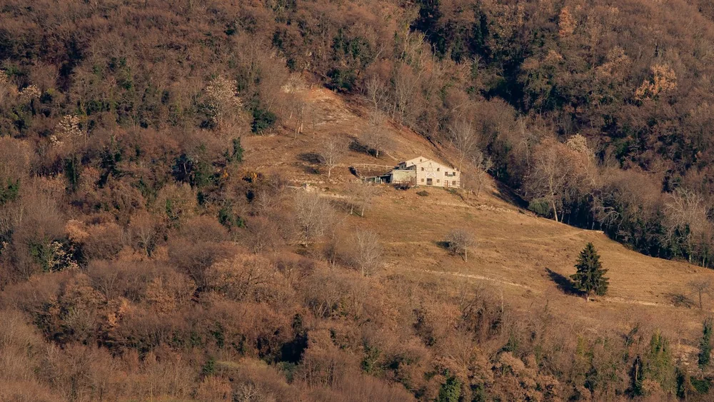 Stone house on a wooded hillside in autumn