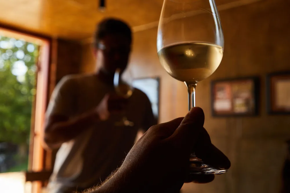 Two adults enjoying white wine in a cozy indoor setting, emphasizing relaxation and leisure