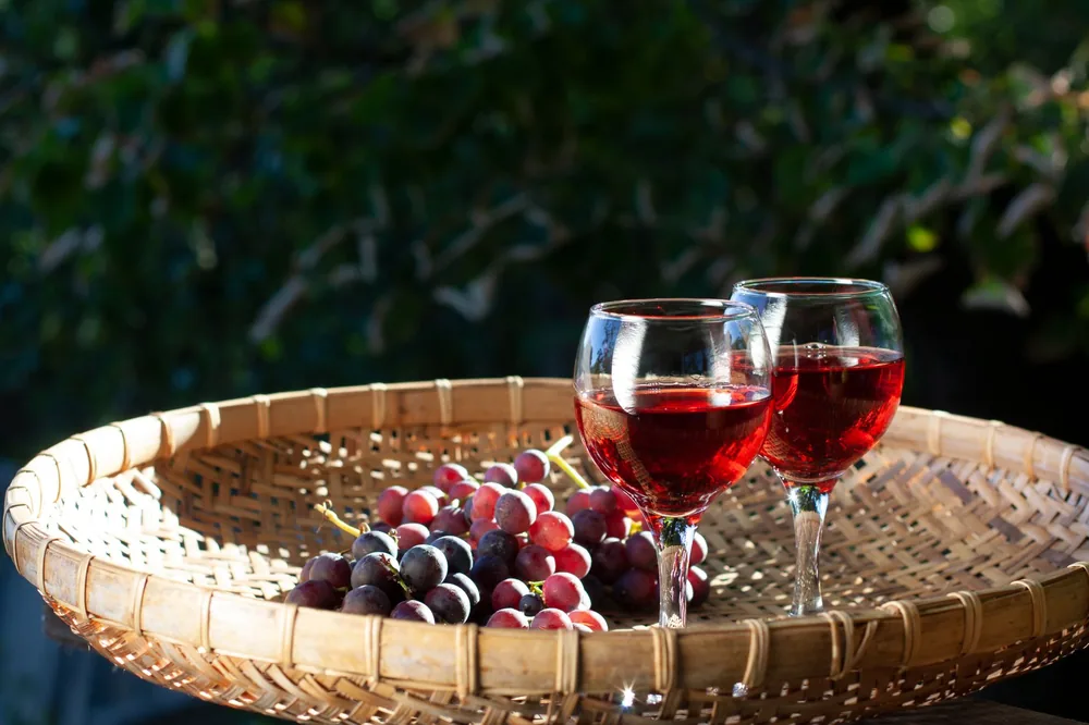Two glasses of red wine and a bunch of grapes in a woven basket with a blurred natural background