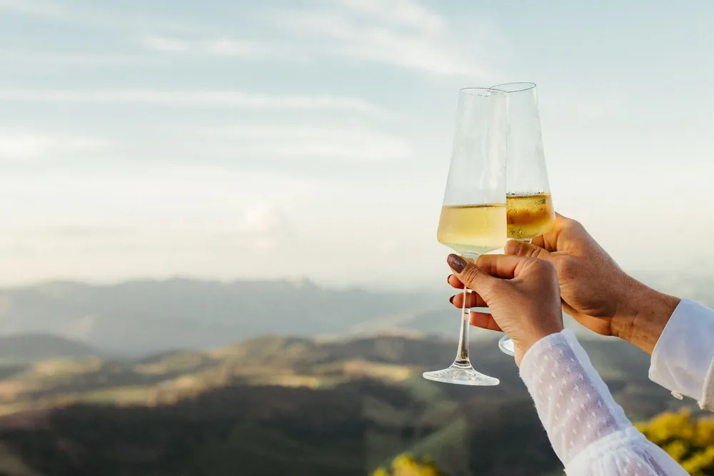Two people clinking champagne glasses against a scenic mountain backdrop