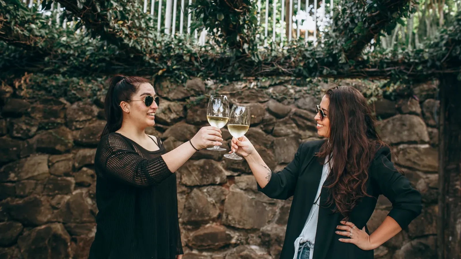 Two women enjoy a toast with white wine outdoors, celebrating friendship