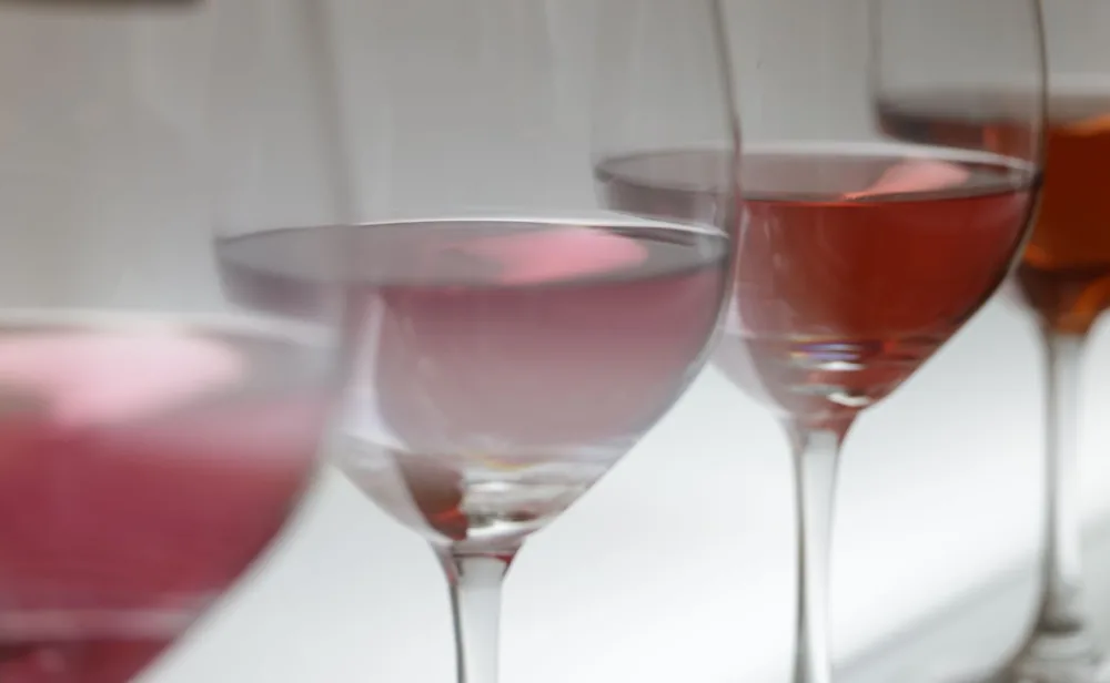 Various wine glasses filled with rosé in soft lighting, perfect for wine tasting events