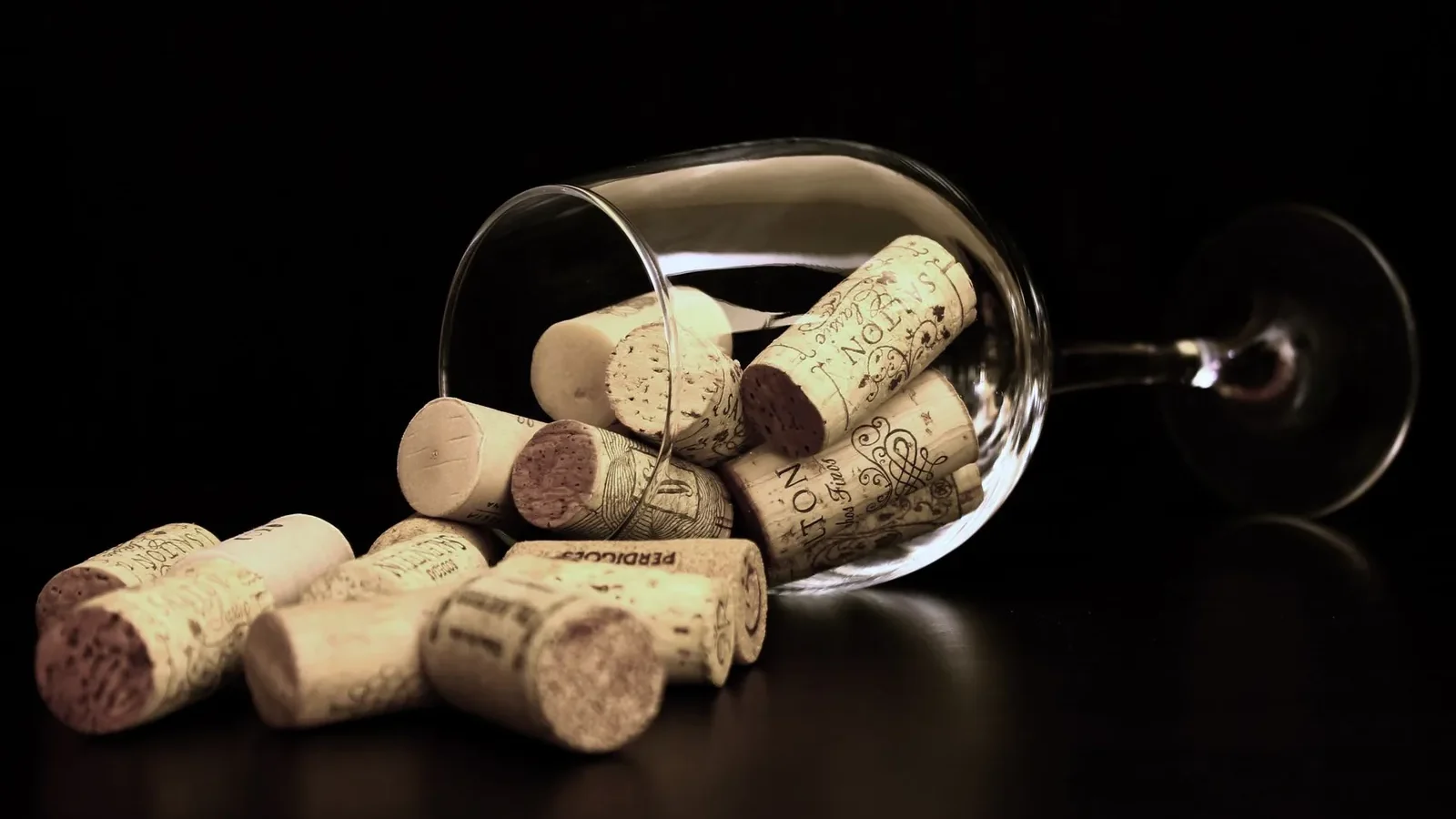 Wine corks spilling from a glass in a close-up arrangement