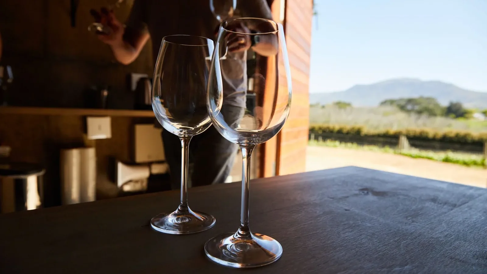 Wine glasses with a vineyard and mountains in the background