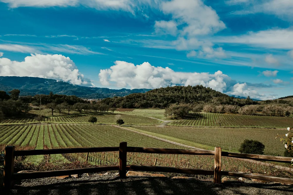 Wooden enclosure against spacious green agricultural plantations located on lush hillside beneath blue sky